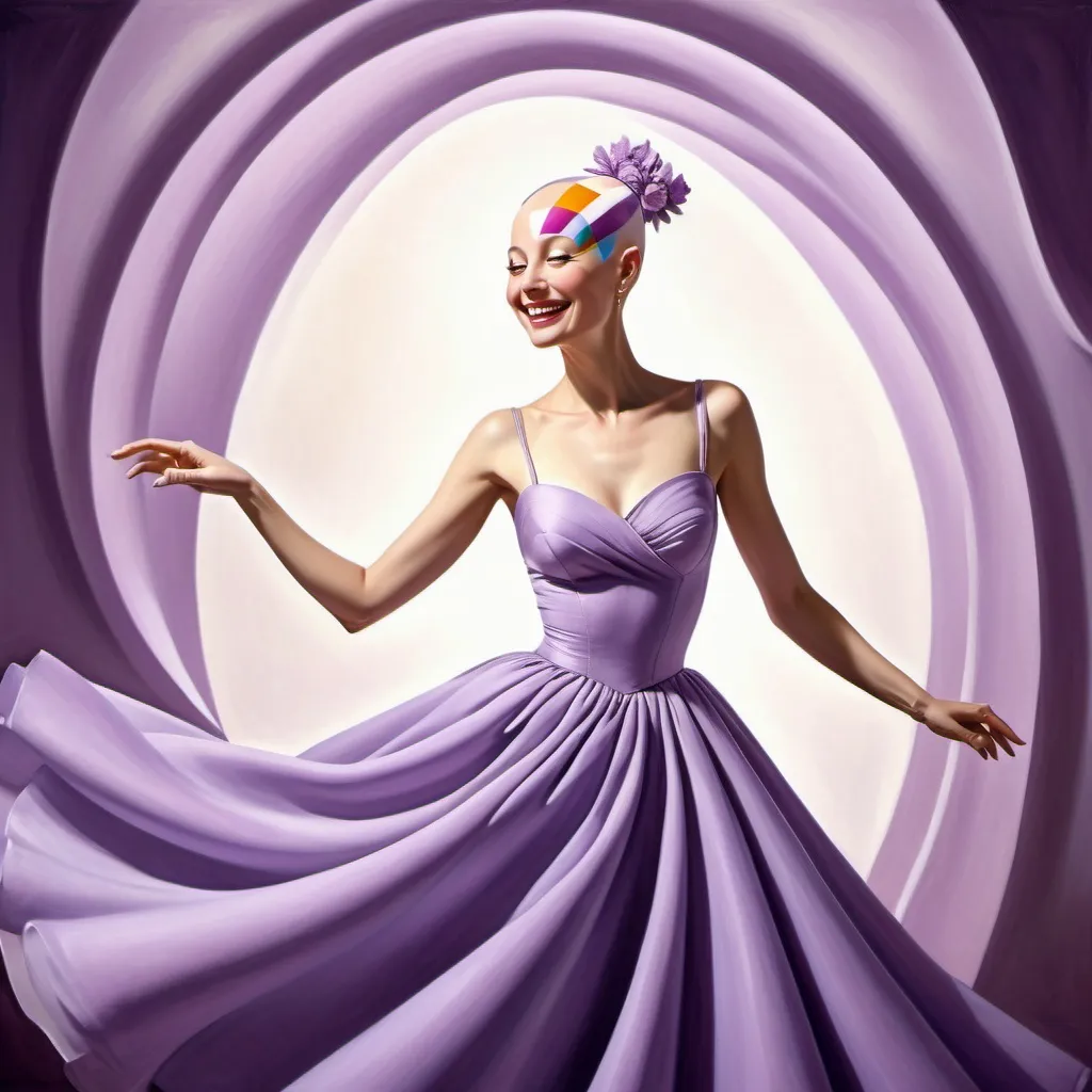 Prompt: Surrealism depiction of a graceful bald lady in a lavendar princess gown, twirling with a radiant smile, big expressive eyelashes, beautiful wheatish skin, natural beauty with no makeup, elegant wrinkles, unpainted nails, surreal, lavendar, graceful twirl, radiant smile, expressive eyelashes, natural beauty, elegant wrinkles, unpainted nails, high quality, detailed surrealism, dreamlike lighting