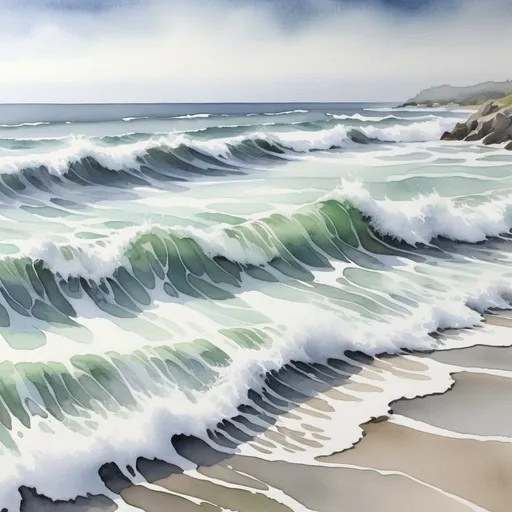 Prompt: Tidal art in watercolor style, shades of grey, white, blue, and green, flowing and blending colors, coastal landscape, high quality, watercolor, serene, tranquil, coastal, detailed waves, flowing movement, soft transitions, calming, ocean theme, peaceful, natural lighting