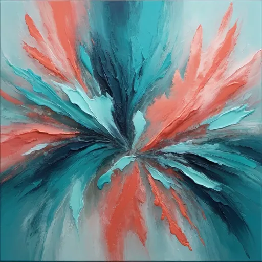 Prompt: Abstract painting with coral, teal, and blue shades, textured brush strokes, high quality, acrylic on canvas, modern abstract art, vibrant colors, professional, atmospheric lighting