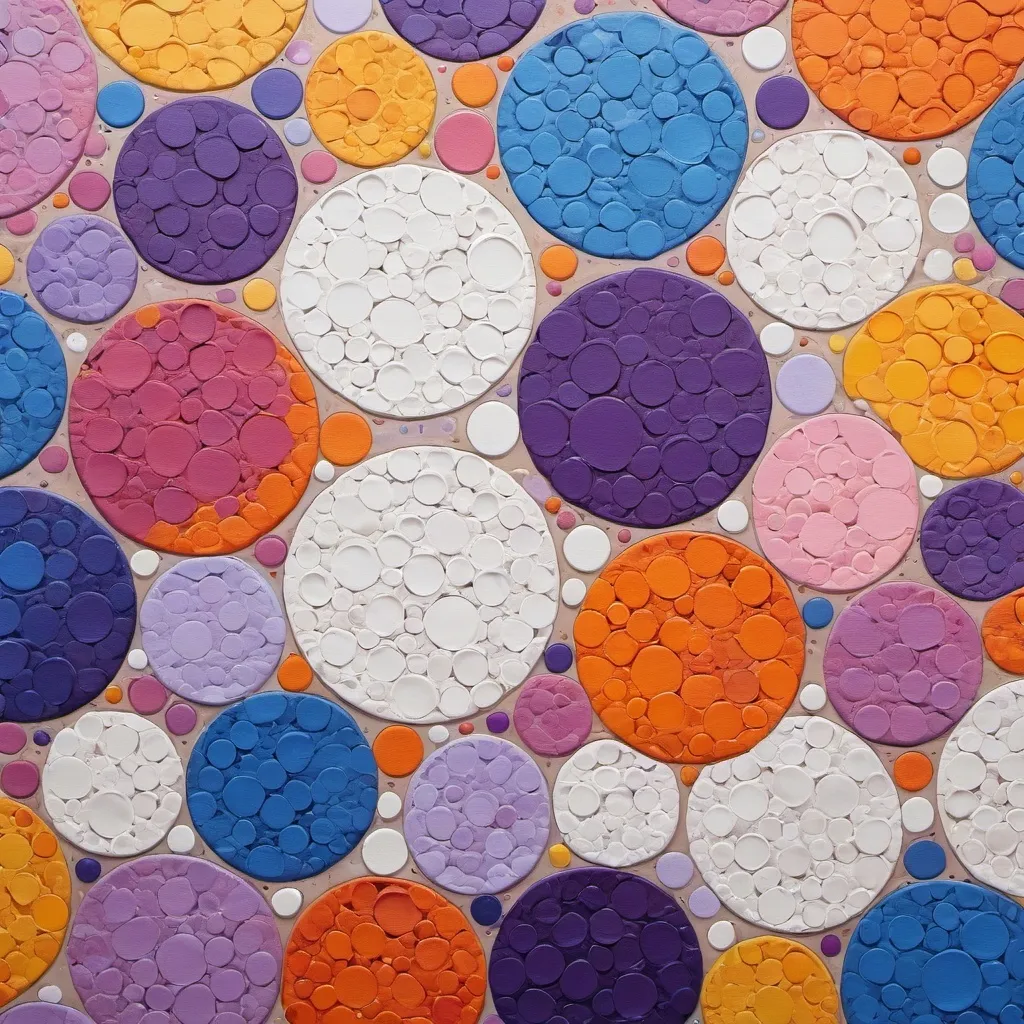 Prompt: A canvas art with multicoloured textured overlapping small circles  of diameter 1 cm of white, shades of purple, blue, orange, lavender, yellow and pink, in the lower half of the canvas