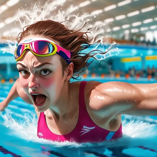 Prompt: a female swimmer swimming at the fastest speed in a huge swimming pool with facial expression of victory