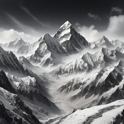 Prompt: high resolution textured himalayas in snow white, black and grey