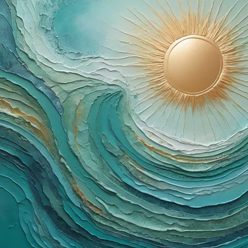 Prompt: tidal textured art look in shades of sea green, sky blue and sun shine