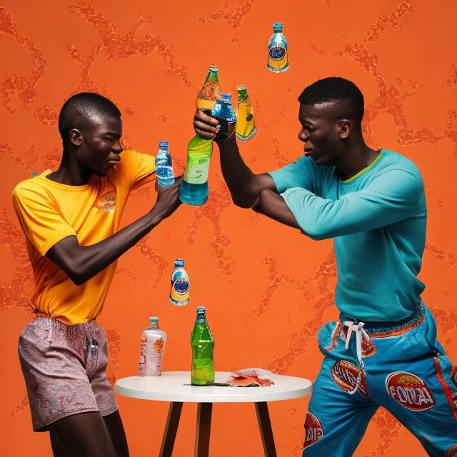 Prompt: two people fighting over a fanta, with wallpaper in the background