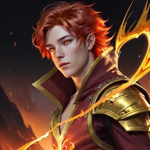 Prompt: Fantasy illustration of a young male caster, with fair skin and molten gold streaks, flaming red hair, and bright golden eyes, wearing dark red adventurer's attire, highres, detailed, fantasy, Dnd, caster, molten gold streaks, flames, bright golden eyes, dark red clothes, adventurer, intense gaze, magical atmosphere, atmospheric lighting