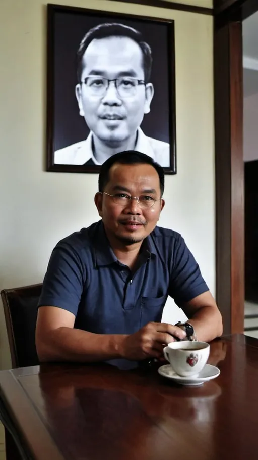 Prompt: a man sitting at a table with a cell phone and a cup of coffee in front of him and a television on the wall, Basuki Abdullah, sumatraism, in-frame, a character portrait