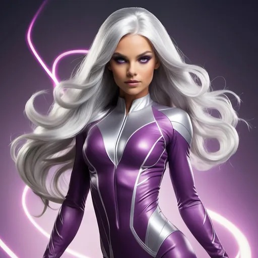 Prompt: Age: 24
	•	Height: 5’10”
	•	Build: Athletic and powerful, with a graceful yet imposing presence.
	•	Hair: Long, flowing silver hair that shimmers with an ethereal glow.
	•	Eyes: Bright violet eyes that exude confidence and intensity.
	•	Costume: Tempest wears a sleek, high-tech suit designed for combat and agility. The suit is primarily dark purple with silver and blue accents, featuring advanced technology to enhance her abilities and provide protection. It includes a flowing cape that crackles with energy.