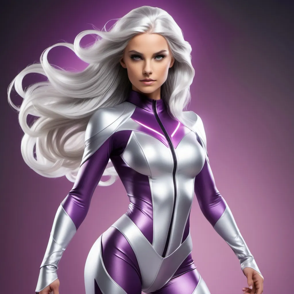 Prompt: Age: 24
	•	Height: 5’10”
	•	Build: Athletic and powerful, with a graceful yet imposing presence.
	•	Hair: Long, flowing silver hair that shimmers with an ethereal glow.
	•	Eyes: Bright violet eyes that exude confidence and intensity.
	•	Costume: Tempest wears a sleek, high-tech suit designed for combat and agility. The suit is primarily dark purple with silver and blue accents, featuring advanced technology to enhance her abilities and provide protection. It includes a flowing cape that crackles with energy.