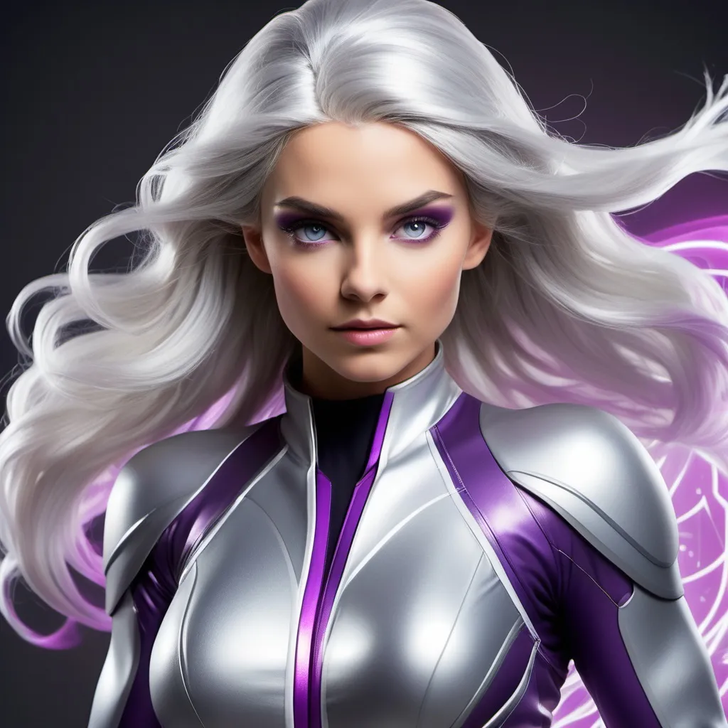 Prompt: Age: 24
	•	Height: 5’10”
	•	Build: Athletic and powerful, with a graceful yet imposing presence.
	•	Hair: Long, flowing silver hair that shimmers with an ethereal glow.
	•	Eyes: Bright violet eyes that exude confidence and intensity.
	•	Costume: Tempest wears a sleek, high-tech suit designed for combat and agility. The suit is primarily dark purple with silver and blue accents, featuring advanced technology to enhance her abilities and provide protection. It includes a flowing cape that crackles with energy.