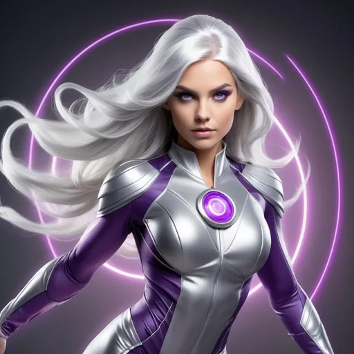 Prompt: Age: 24
	•	Height: 5’10”
	•	Build: Athletic and powerful, with a graceful yet imposing presence.
	•	Hair: Long, flowing silver hair that shimmers with an ethereal glow.
	•	Eyes: Bright violet eyes that exude confidence and intensity.
	•	Costume: Tempest wears a sleek, high-tech suit designed for combat and agility. The suit is primarily dark purple with silver and blue accents, featuring advanced technology to enhance her abilities and provide protection. It includes a flowing cape that crackles with energy.