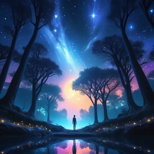 Prompt: (stunning scene of a human on a star), vibrant trees surrounding an enchanting celestial environment, (ethereal glow), surreal atmosphere, whimsical fantasy, deep blue night sky, twinkling stars, soft luminescent light reflecting off the trees, breathtaking detail, enchanting composition, (highly detailed, 4K) quality, dreamlike ambiance, inviting and magical setting.