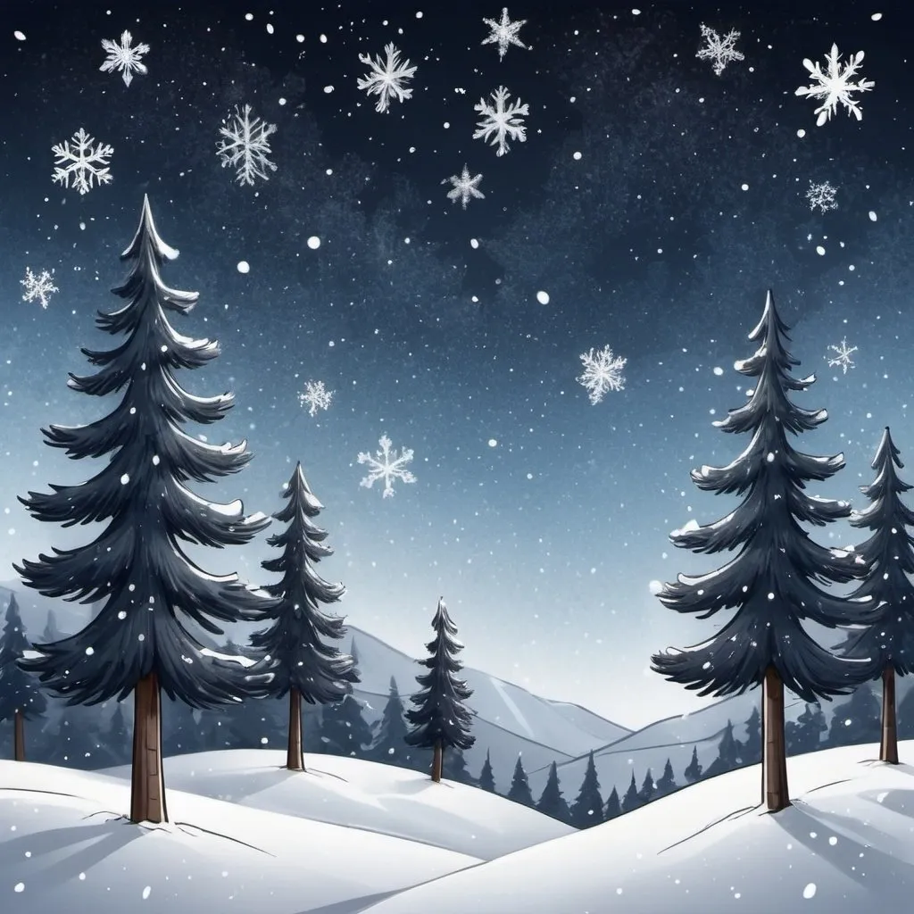 Prompt: draw a winter image that has pine trees with snow on them and a night sky with snowflakes falling