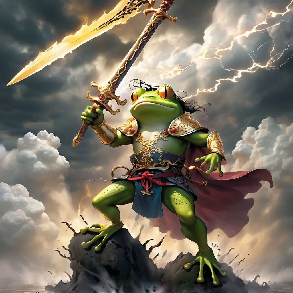 Prompt: Frog , holding a golden sword and fuming death clouds, charging with anger to piece through a hard of the master, barb wired.