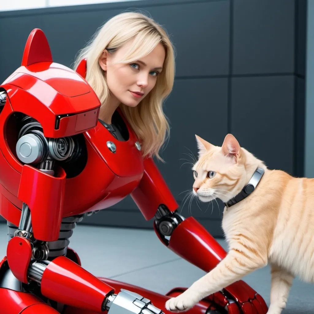 Prompt: Red robot cat with blonde woman saving the world of robot dog joul