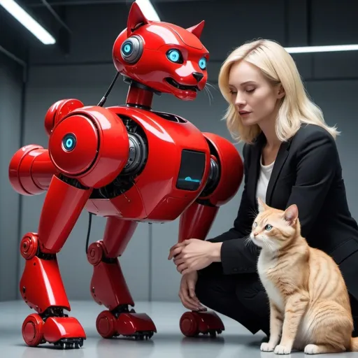 Prompt: Red robot cat with blonde woman saving the world of robot dog joul