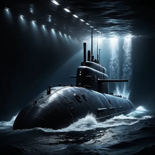 Prompt: Dark background, 2 Submarines comes out of the water the shoot missiles