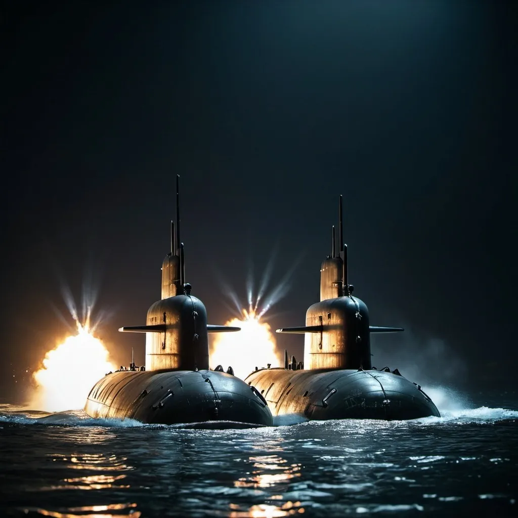 Prompt: Dark background, 2 Submarines comes out of the water the shoot missiles