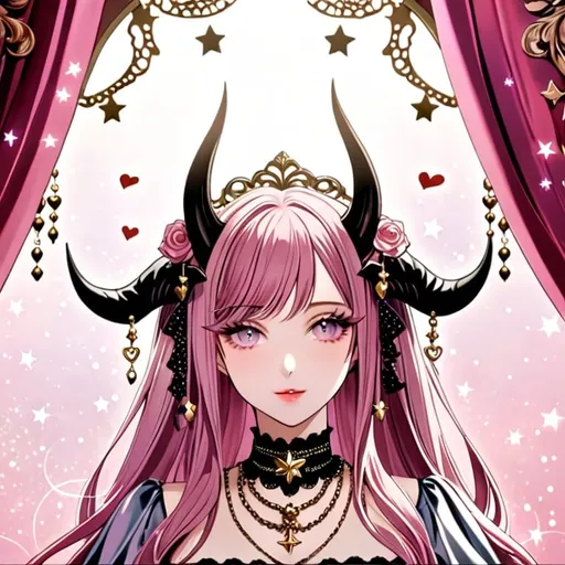 Prompt: Woman with horns and necklace, pink background with hearts and stars, Aya Goda, rococo, official art, character portrait, misc-gothic, rococo style, detailed horns and necklace, elegant design, pastel tones, romantic lighting, high quality, detailed, cameo appearance, intricate details, soft and dreamy, gothic aesthetic, professional artistry
