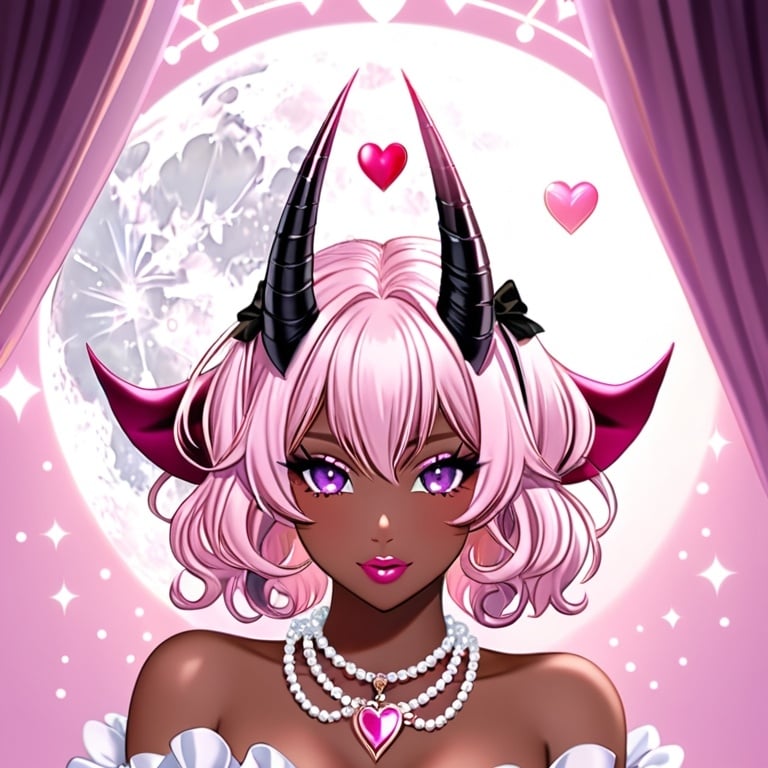 Prompt: Coquette black girl final fantasy succubus horns, light pink drill hair, salior moon heart-shaped eyes, white frill dress, purple eyeshadow, dark pink lips, white pearl accessories with pastel pink heart, pastel background, detailed eyes, high-quality, pastel colors, detailed hair, frill dress, elegant, romantic lighting, professional