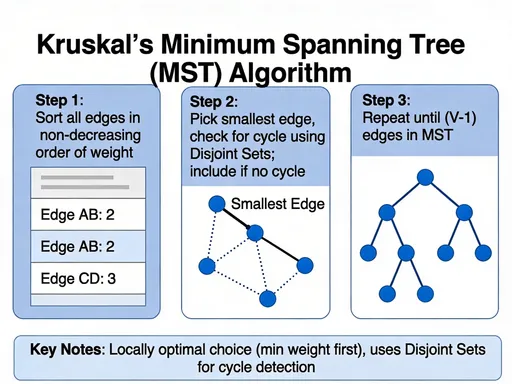 Prompt: Kruskal’s Minimum Spanning Tree (MST) Algorithm
A minimum spanning tree (MST) or minimum weight spanning tree for a weighted, connected, and undirected graph is a spanning tree (no cycles and connects all vertices) that has minimum weight. The weight of a spanning tree is the sum of all edges in the tree.  
Below are the steps for finding MST using Kruskal's algorithm:
•	Sort all the edges in a non-decreasing order of their weight. 
•	Pick the smallest edge. Check if it forms a cycle with the spanning tree formed so far. If the cycle is not formed, include this edge. Else, discard it.  It uses the Disjoint Sets to detect cycles.
•	Repeat step 2 until there are (V-1) edges in the spanning tree.
It picks the minimum weighted edge at first and the maximum weighted edge at last. Thus we can say that it makes a locally optimal choice in each step in order to find the optimal solution.