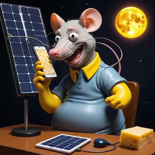 Prompt: create an image of a rat attempting to sell a residential solar system over the phone, he should be chewing on cheese. in the style of the simpsons