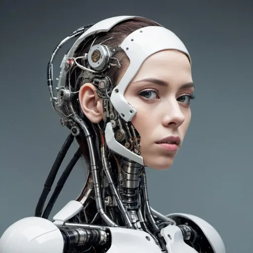 Prompt: half-human, half-mechanical cyborg