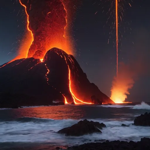 Prompt: The sea meets lava during a meteor shower