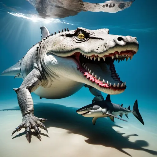 Prompt: Cyborg crocodile attacks a cyborg great white shark underwater