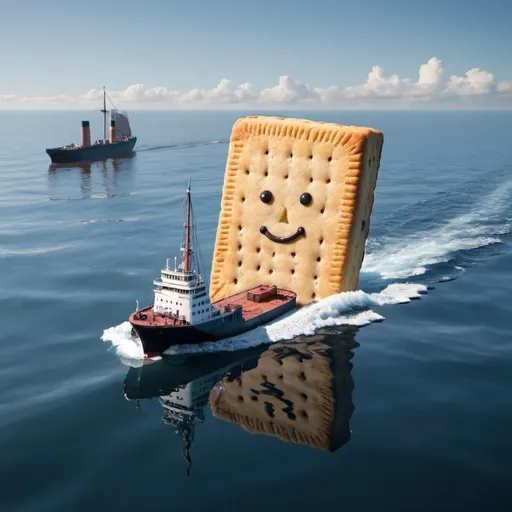 Prompt: Ship against giant biscuit in the middle of the sea
