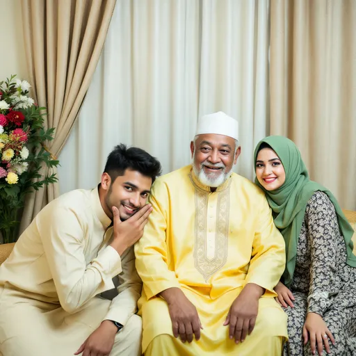 Prompt: In a warmly lit indoor setting, a joyful family portrait captures four individuals seated together, exuding a sense of love and togetherness. The elderly man in the center, dressed in a bright yellow traditional outfit with a white cap, smiles gently as he is flanked by two women in modest attire, one in a green hijab and the other in a patterned outfit, both showcasing warm expressions. To the left, a younger man in traditional dress leans playfully, bowing slightly in a gesture of affection toward the elderly couple. The backdrop features textured curtains in a soft palette, while a decorative potted arrangement adds a touch of vibrancy to the scene, enhancing the overall atmosphere of familial warmth and celebration.