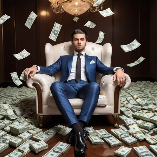 Prompt: can you make a guy sitting on a luxurious hotel surrounded with money and floating money around him while he is wearing the fanciest suit