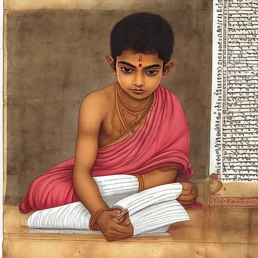 Prompt: A young Hindu Brahmin reading old manuscript.