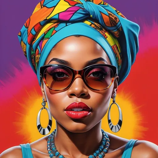 Prompt: a realistic airbrushed illustration of an African American woman in a Pop Art style, capturing the essence of this vibrant and iconic style. The image features bold, bright colors and uses characteristic pop art techniques like repetition, bold outlines, and a comic-like aesthetic. Her headwrap is rendered in a dazzling array of colors, each section popping against the others. Her sunglasses reflect stylized pop culture imagery, and her jewelry is exaggerated with thick outlines and saturated colors. The background incorporates elements of popular culture and African motifs, blending them to pay homage to both her heritage and the pop art movement, in a heavily HDR style at 300 dpi