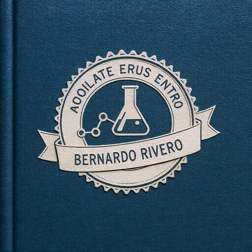 Prompt: Stamp, embossed, with molecule and flask, and text: book of 
Bernardo Rivero