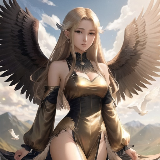 Prompt: female anime human with eagle wings, wings spread wide, silky feather outfit, good looking, light brown straight hair, ear piercings, looks awesome