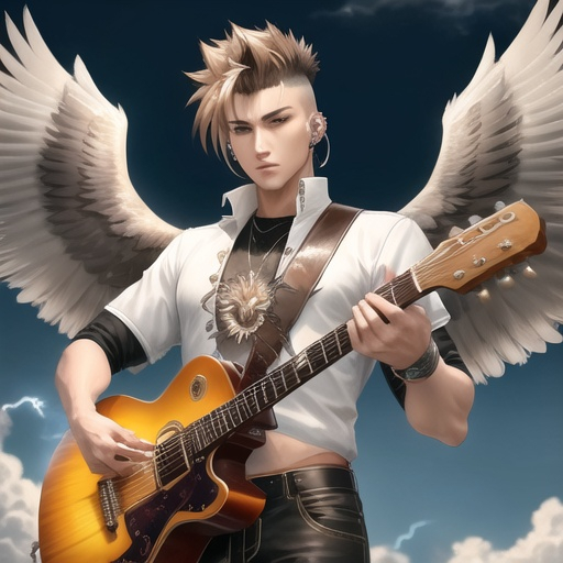 Prompt: male anime human with eagle wings, wings spread wide, feather outfit, good looking, light brown messy mow-hawk hair, ear piercings, looks awesome, playing electric guitar