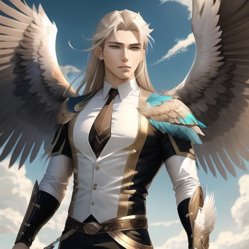 Prompt: male anime human with eagle wings, wings spread wide, sleek feather outfit, good looking, light brown straight hair, ear piercings, looks awesome