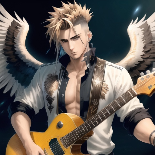 Prompt: Anime illustration of a handsome male with eagle wings spread wide, feather outfit, light brown messy mohawk hair, ear piercings, playing electric guitar, intense and confident expression, detailed feathers and wings, cool-toned highres, ultra-detailed, anime, fantasy, detailed hair, intense gaze, no shirt, professional, atmospheric lighting