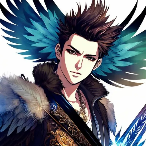 Prompt: Anime illustration of a handsome male with eagle wings spread wide, feather outfit, light brown messy mohawk hair, ear piercings, playing electric guitar, intense and confident expression, detailed feathers and wings, cool-toned highres, ultra-detailed, anime, fantasy, detailed hair, intense gaze, no shirt, professional, atmospheric lighting