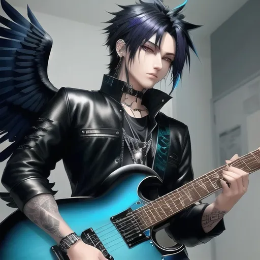 Prompt: male anime human with raven wings, wings spread wide, grunge outfit, good looking, playing blue electric guitar, black scene hair, ear piercings, looks awesome