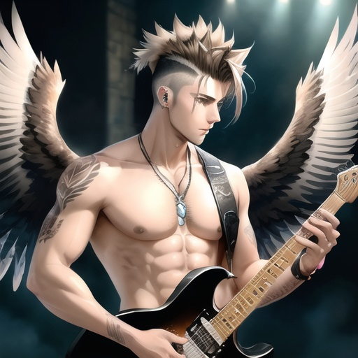 Prompt: Anime illustration of a handsome male with eagle wings spread wide, feather outfit, light brown messy mohawk hair, ear piercings, playing electric guitar, intense and confident expression, detailed feathers and wings, cool-toned highres, ultra-detailed, anime, fantasy, detailed hair, intense gaze, no shirt, professional, atmospheric lighting