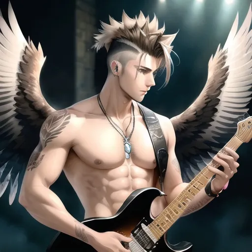 Prompt: Anime illustration of a handsome male with eagle wings spread wide, feather outfit, light brown messy mohawk hair, ear piercings, playing electric guitar, intense and confident expression, detailed feathers and wings, cool-toned highres, ultra-detailed, anime, fantasy, detailed hair, intense gaze, no shirt, professional, atmospheric lighting