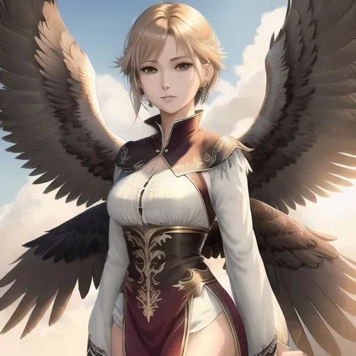 Prompt: female anime human with eagle wings, wings spread wide, silky feather outfit, good looking, light brown straight short hair, ear piercings, looks awesome