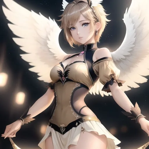 Prompt: female anime human with wings, wings spread wide, kawaii outfit, good looking, light brown straight short hair, ear piercings, looks awesome