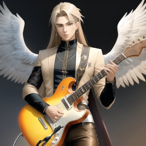 Prompt: male anime human with eagle wings, wings spread wide, sleek feather outfit, good looking, light brown straight hair, ear piercings, looks awesome, playing electric guitar