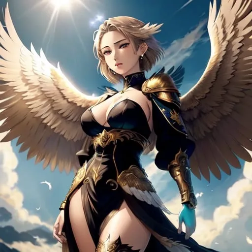 Prompt: Anime illustration of a beautiful female with eagle wings, wings spread wide, hot feather outfit, light brown straight short hair, ear piercings, stunning appearance, anime, detailed wings, fantasy, feathered outfit, striking look, piercing gaze, highres, anime style, detailed hair, majestic wings, professional, dramatic lighting