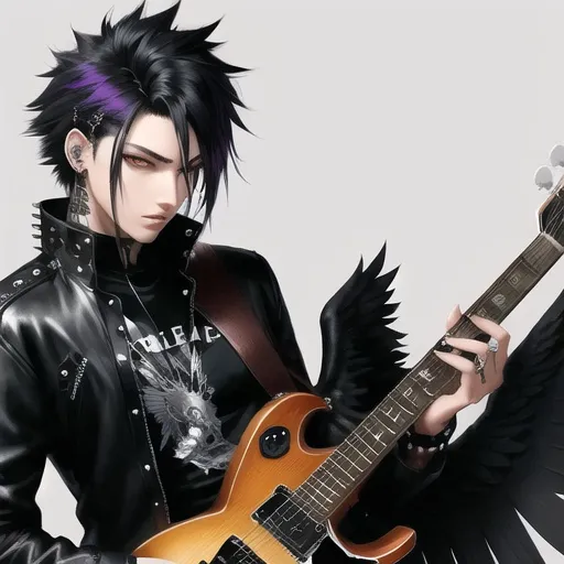 Prompt: male anime human with raven wings, wings spread wide, grunge outfit, good looking, playing electric guitar, black scene hair, ear piercings, looks awesome