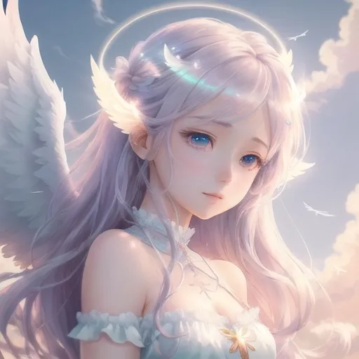 Prompt: Beautiful anime girl with angel wings flying in the sky, ethereal and graceful, heavenly clouds surrounding, glowing halo above her head, soft pastel color palette, whimsical and dreamy, detailed eyes, flowing hair, high quality, anime, angelic, pastel tones, ethereal lighting