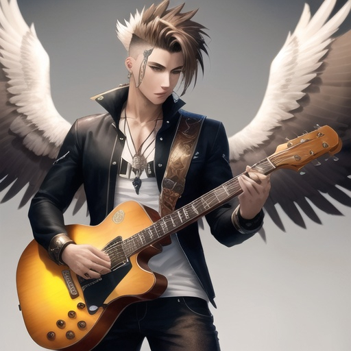 Prompt: male anime human with eagle wings, wings spread wide, feather outfit, good looking, light brown messy mow-hawk hair, ear piercings, looks awesome, playing electric guitar