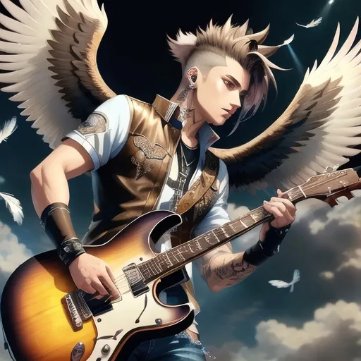 Prompt: Anime illustration of a handsome male with eagle wings spread wide, feather outfit, light brown messy mohawk hair, ear piercings, playing electric guitar, intense and confident expression, detailed feathers and wings, cool-toned highres, ultra-detailed, anime, fantasy, detailed hair, intense gaze, only has jeans on, professional, atmospheric lighting